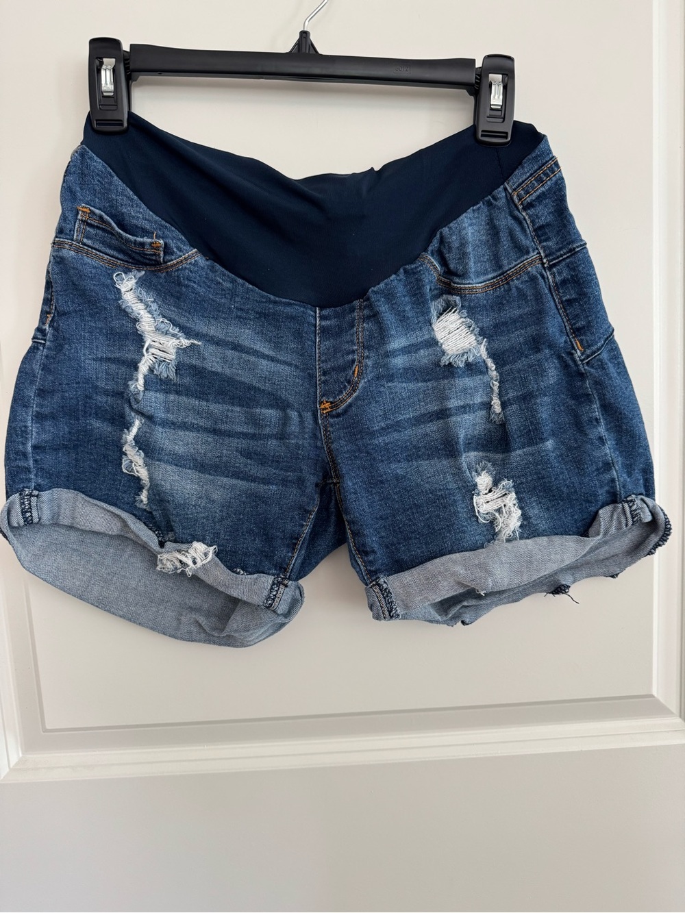 S.O.N.G. Maternity Blue Distressed Denim Shorts Stretch 5-Pocket - Picture 2 of 6